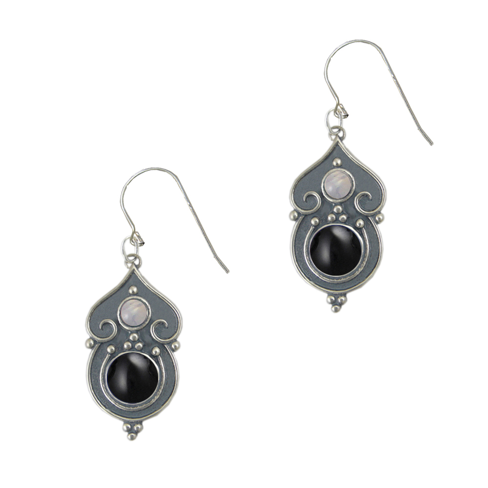 Sterling Silver Gothic Inspired Drop Dangle Earrings With Black Onyx And Rainbow Moonstone